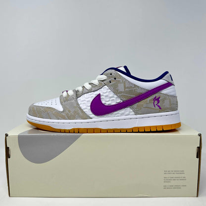 Nike SB Dunk Low Rayssa Leal white and beige sneaker with purple swoosh on box