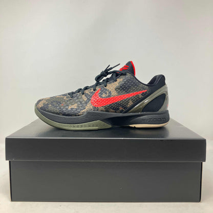 Nike Kobe 6 Protro Italian Camo basketball shoe in black and olive with red swoosh on black shoebox.