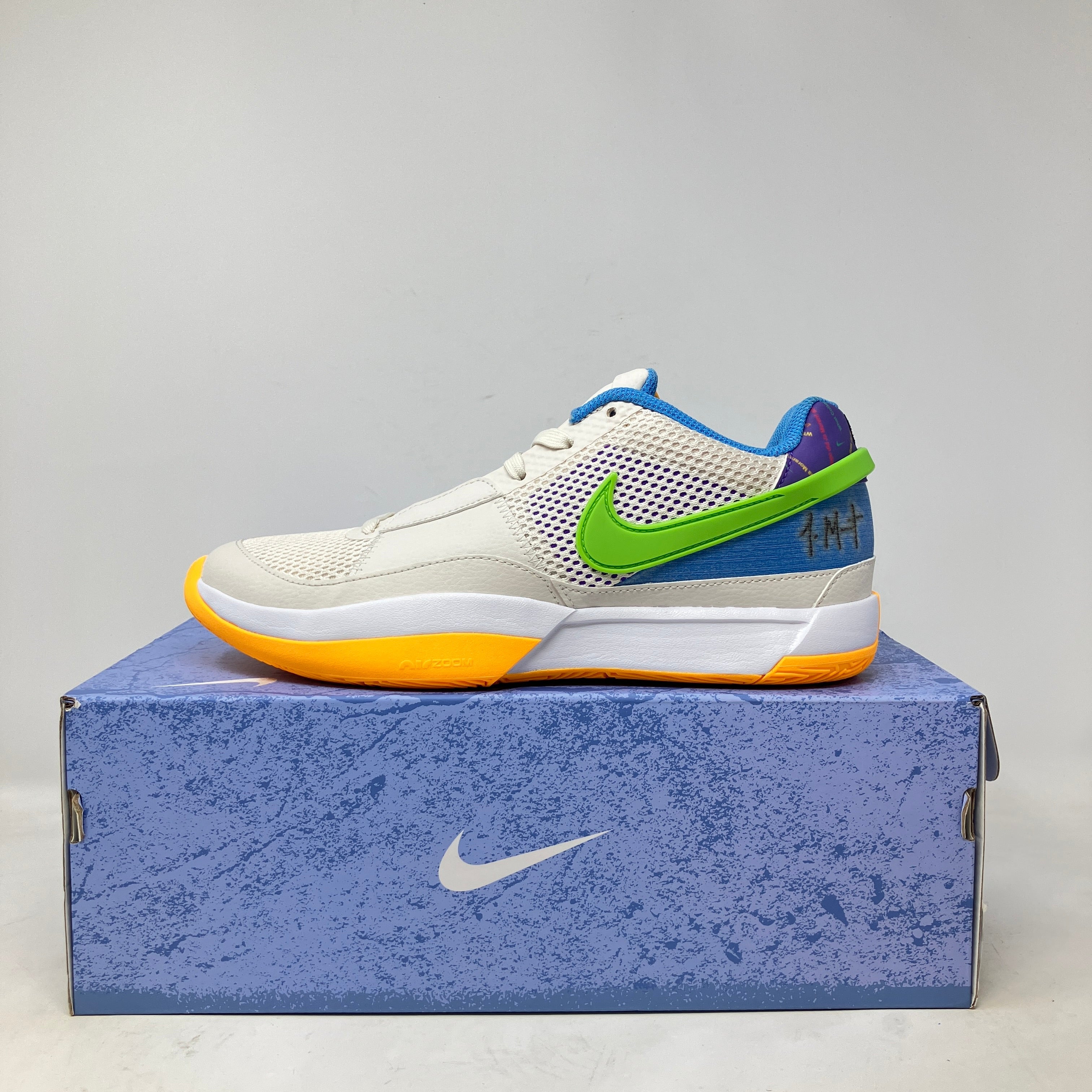 Nike Ja 1 Family Trivia sneaker in white with green swoosh and yellow sole on Nike box, brand new with all accessories included