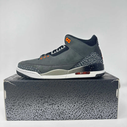 Jordan 3 Retro Fear Pack 2023 sneaker in dark grey with orange accents on original box, brand new condition with accessories included