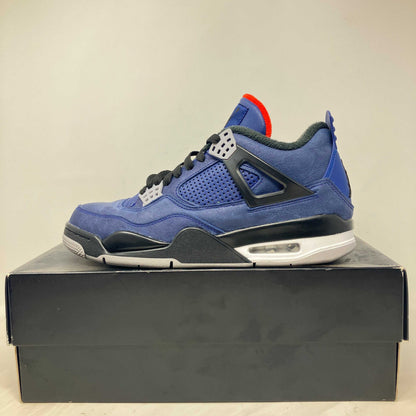 Jordan 4 Retro Winterized Loyal Blue sneaker on black replacement box, pre-owned condition