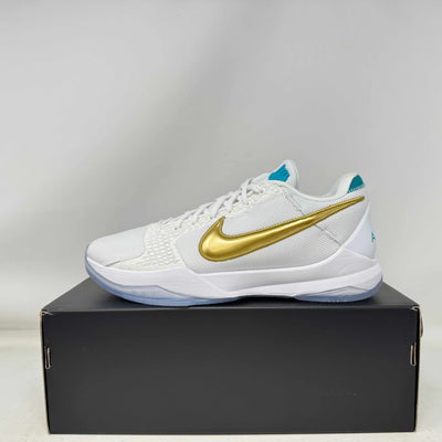 Nike Kobe 5 Protro Undefeated What If White sneakers, brand new, with gold swoosh and replacement box.
