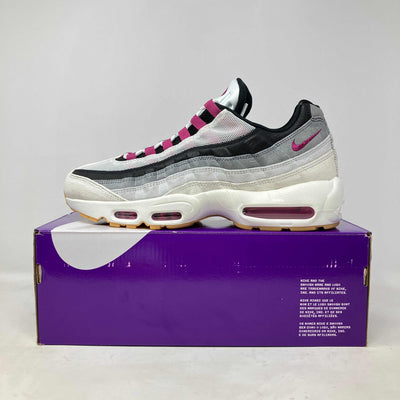 Nike Air Max 95 SB Cactus Flower sneaker in white, grey, and pink on purple box, brand new with accessories included