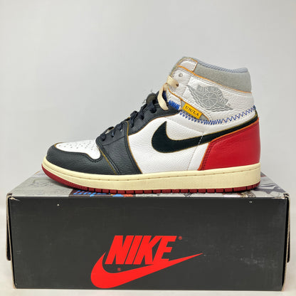 Jordan 1 Retro High Union Los Angeles Black Toe sneaker on Nike box, pre-owned with missing yellow extra laces.