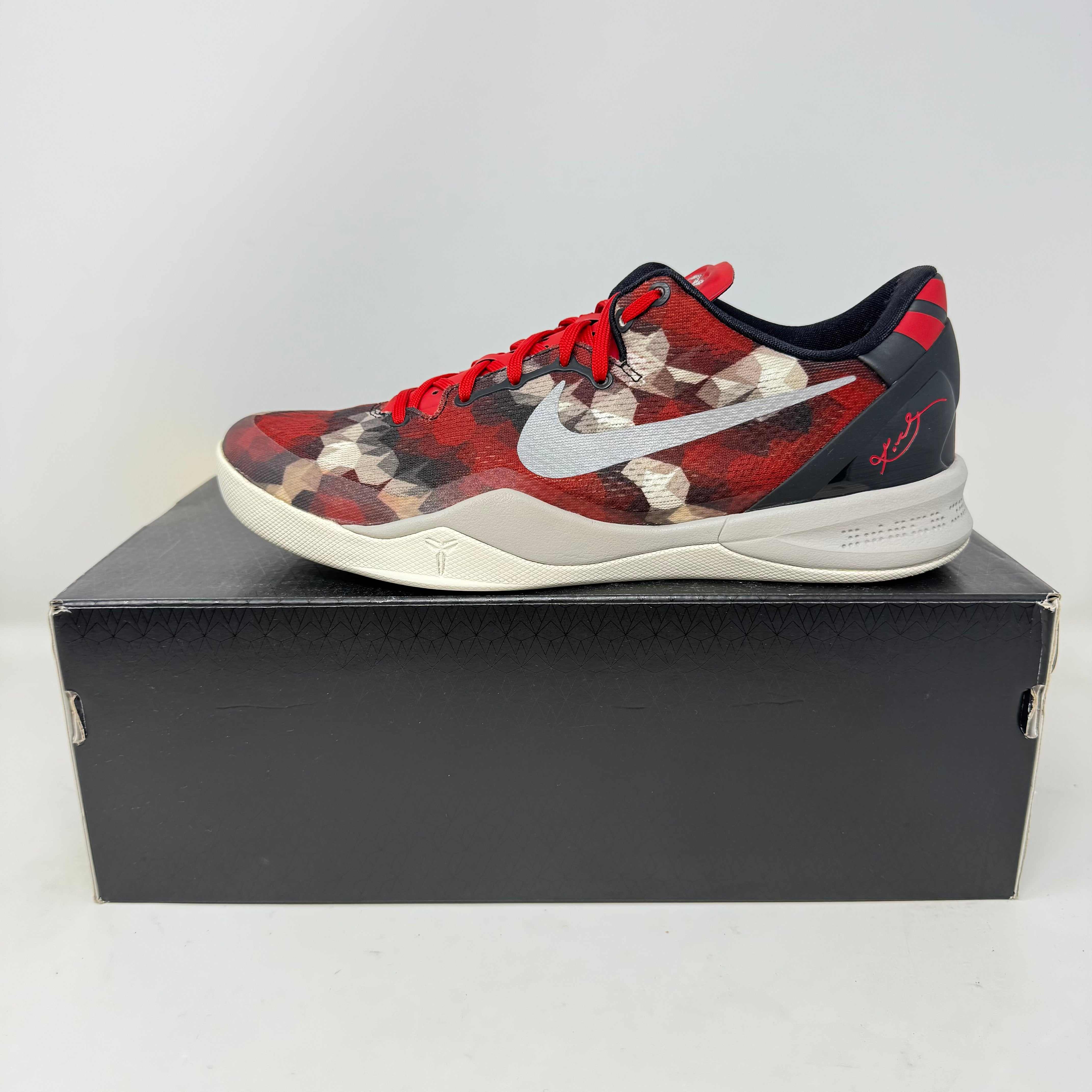 Nike Kobe 8 Milk Snake basketball shoe in red, black, and white on black box, pre-owned condition with all accessories included