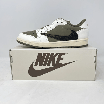 Jordan 1 Retro Low OG sneaker in olive green and white leather with black reverse Swoosh and perforated toe box.