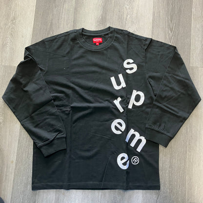 Supreme Scatter Logo L/S Top black long sleeve shirt with diagonal white logo lettering, brand new