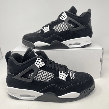 Brand new Jordan 4 Retro White Thunder sneakers with included accessories.