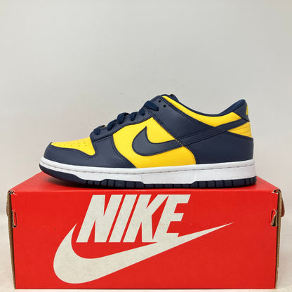 Nike Dunk Low Michigan GS sneaker in yellow and navy blue on red Nike box, brand new with accessories included