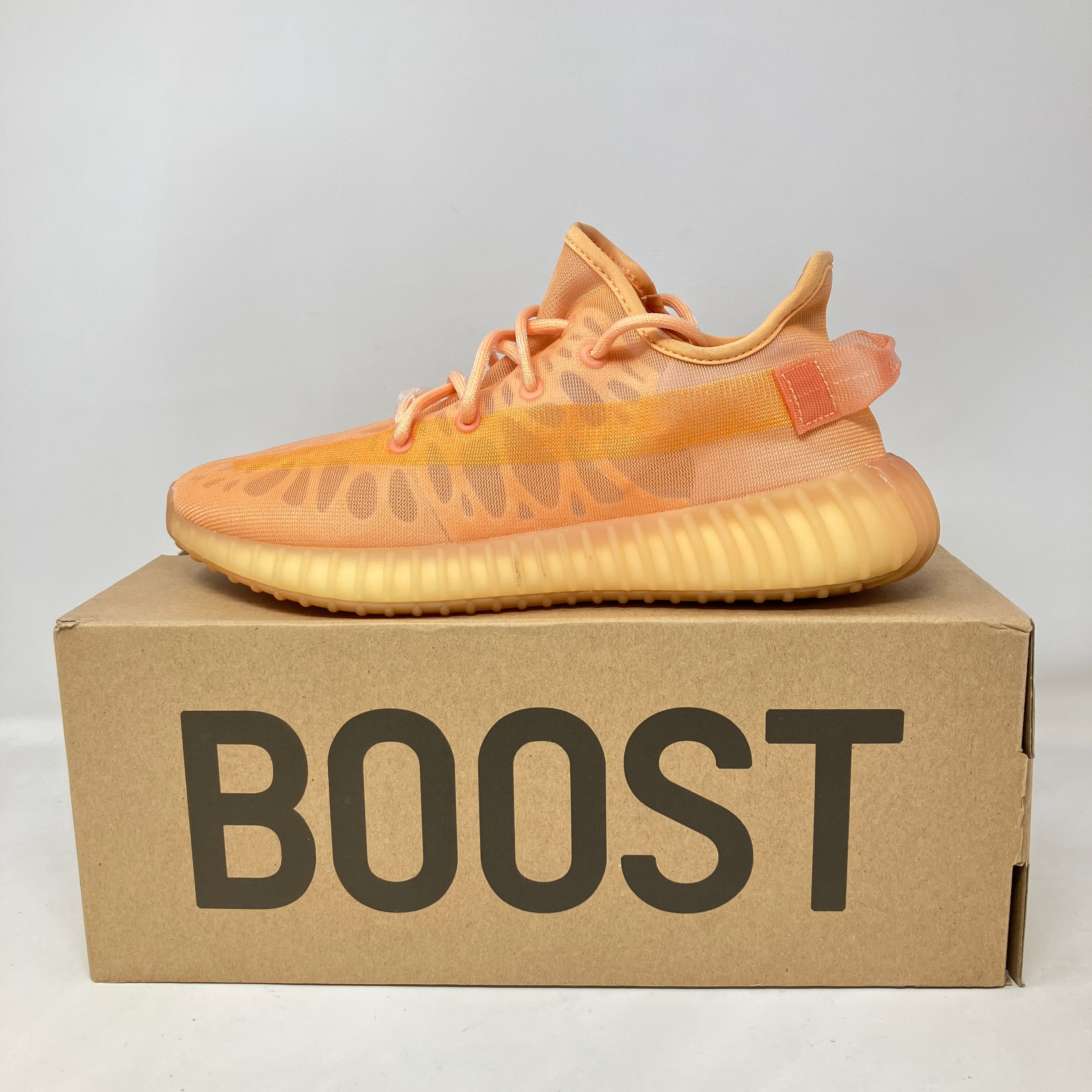 adidas Yeezy Boost 350 V2 Mono Clay sneaker on Boost box, pre-owned with accessories included
