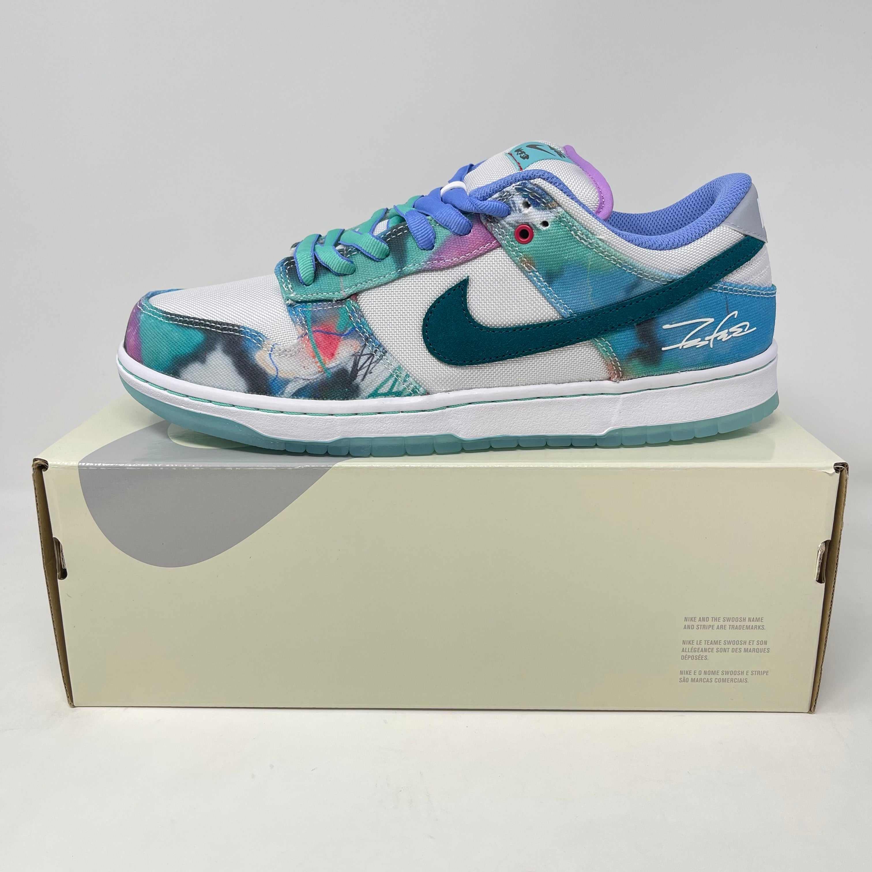 Nike SB Dunk Low Futura Laboratories Bleached Aqua sneaker in size 8.5 on box with multicolor design and missing one purple lace