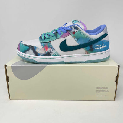 Nike SB Dunk Low Futura Laboratories Bleached Aqua sneaker in size 8.5 on box with multicolor design and missing one purple lace
