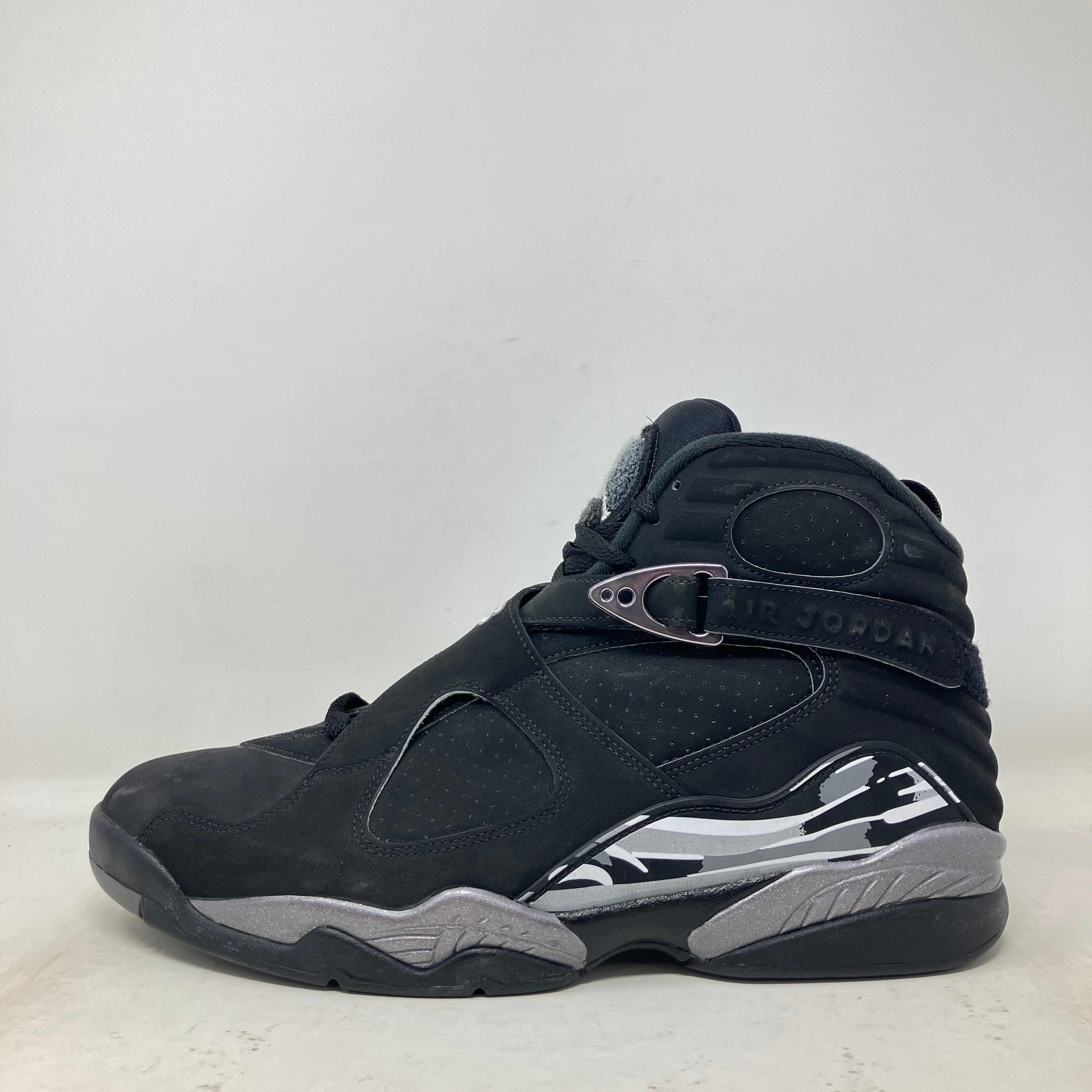 Side view of brand new black Jordan 8 Retro Chrome sneaker without box