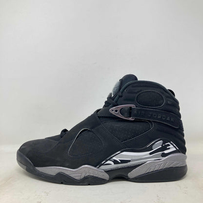 Side view of brand new black Jordan 8 Retro Chrome sneaker without box
