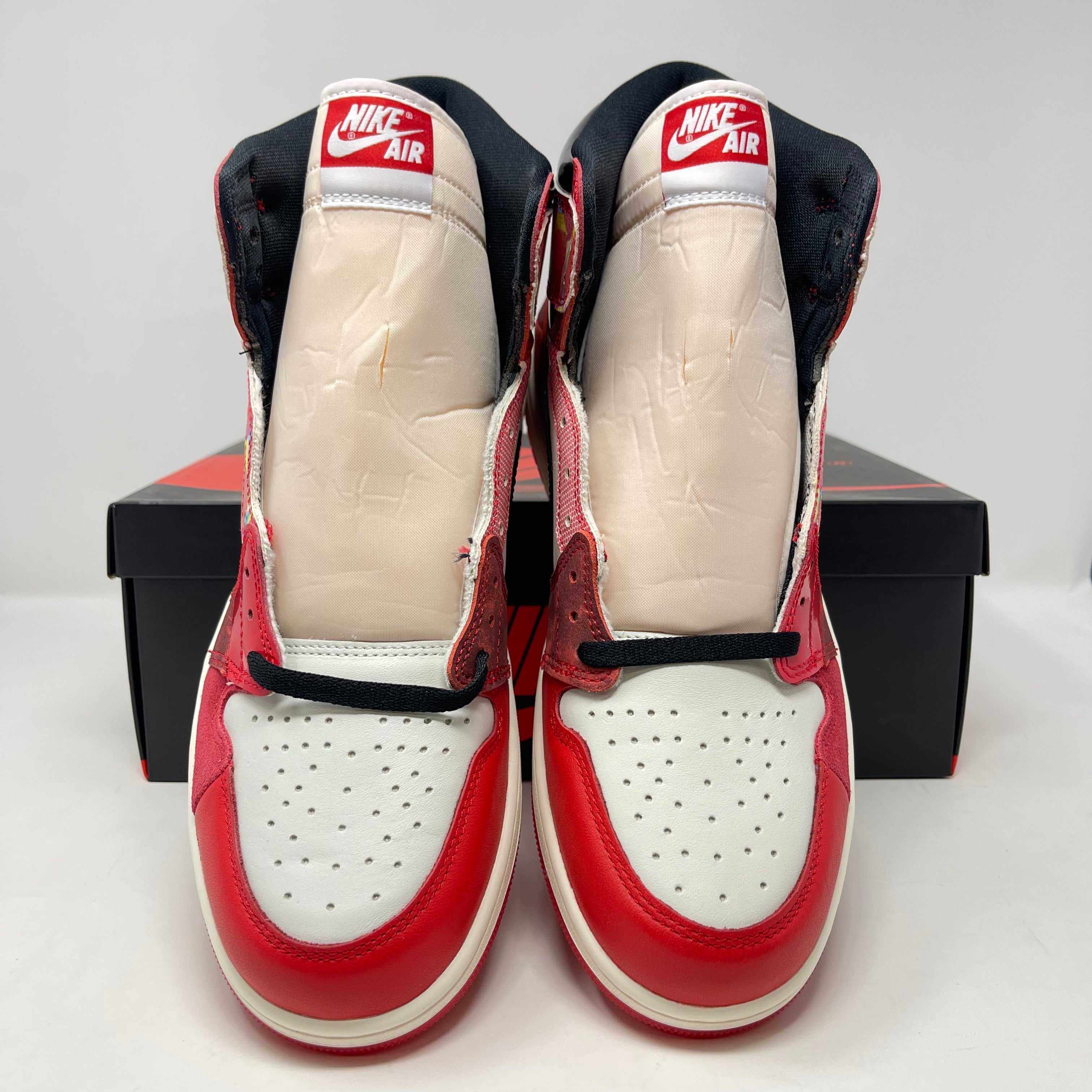 Jordan 1 Retro High OG Spider-Man sneakers in red, white, and black colorway, brand new with box.