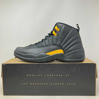 Jordan 12 Retro Black Taxi sneaker in black and yellow on box with quality inspired by the greatest player text