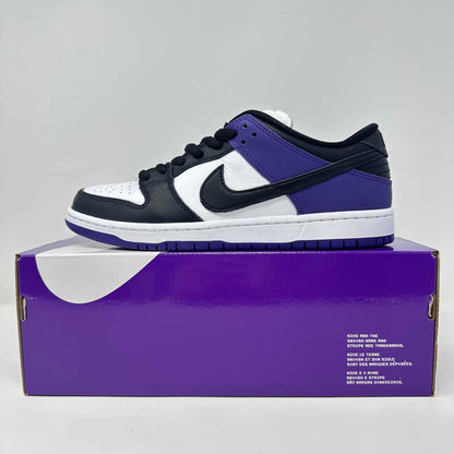 Nike SB Dunk Low Court Purple sneakers on box, brand new condition.