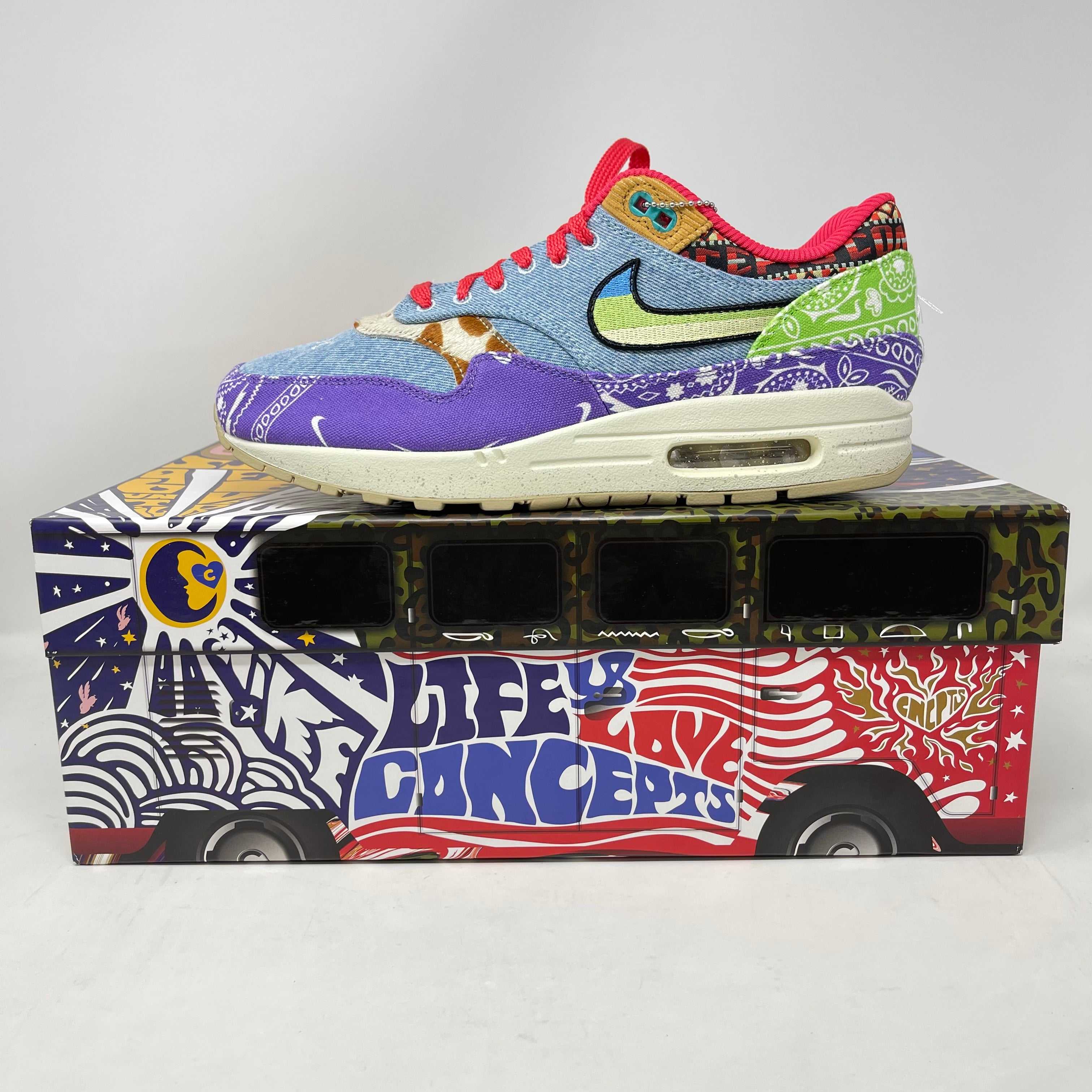 Nike Air Max 1 SP Concepts Far Out limited edition sneaker in vibrant colors on unique box