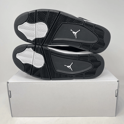 Jordan 4 Retro White Thunder sneakers on box, brand new condition.