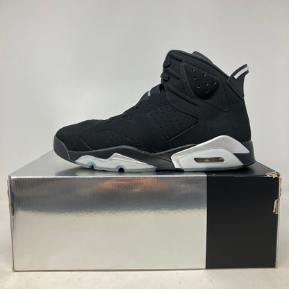 Black Jordan 6 Retro Chrome sneaker displayed on its original silver and black box, pre-owned with all accessories included.