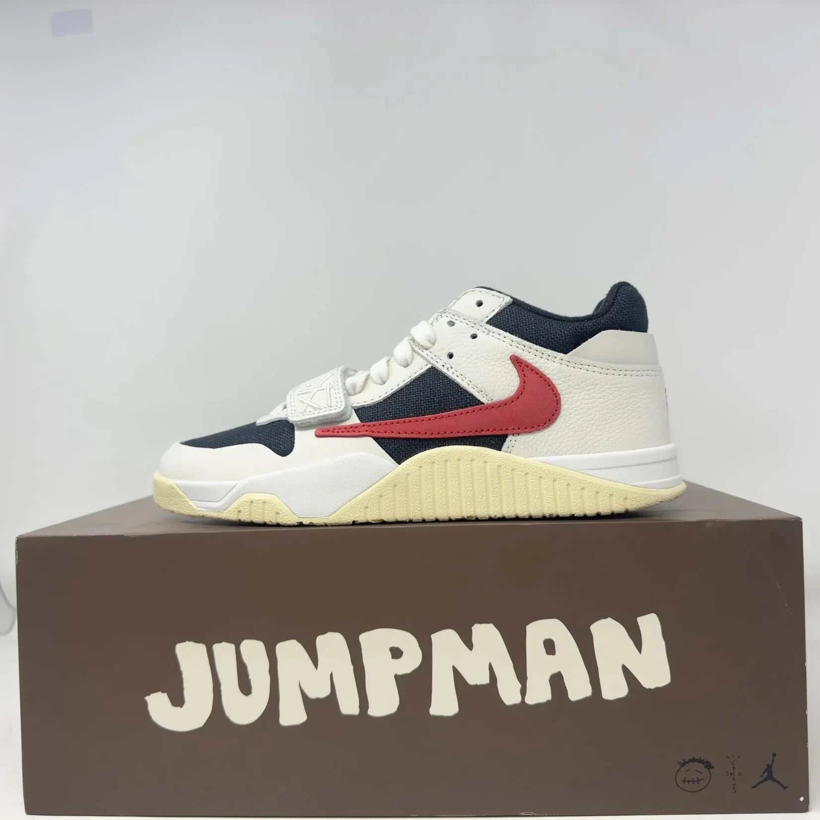 Jordan Jumpman Jack TR Travis Scott University Red sneaker on display.