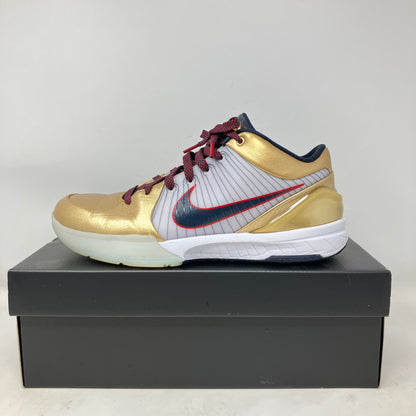 Nike Kobe 4 Protro Gold Medal 2024 basketball shoe in gold and white on black box, pre-owned with accessories included