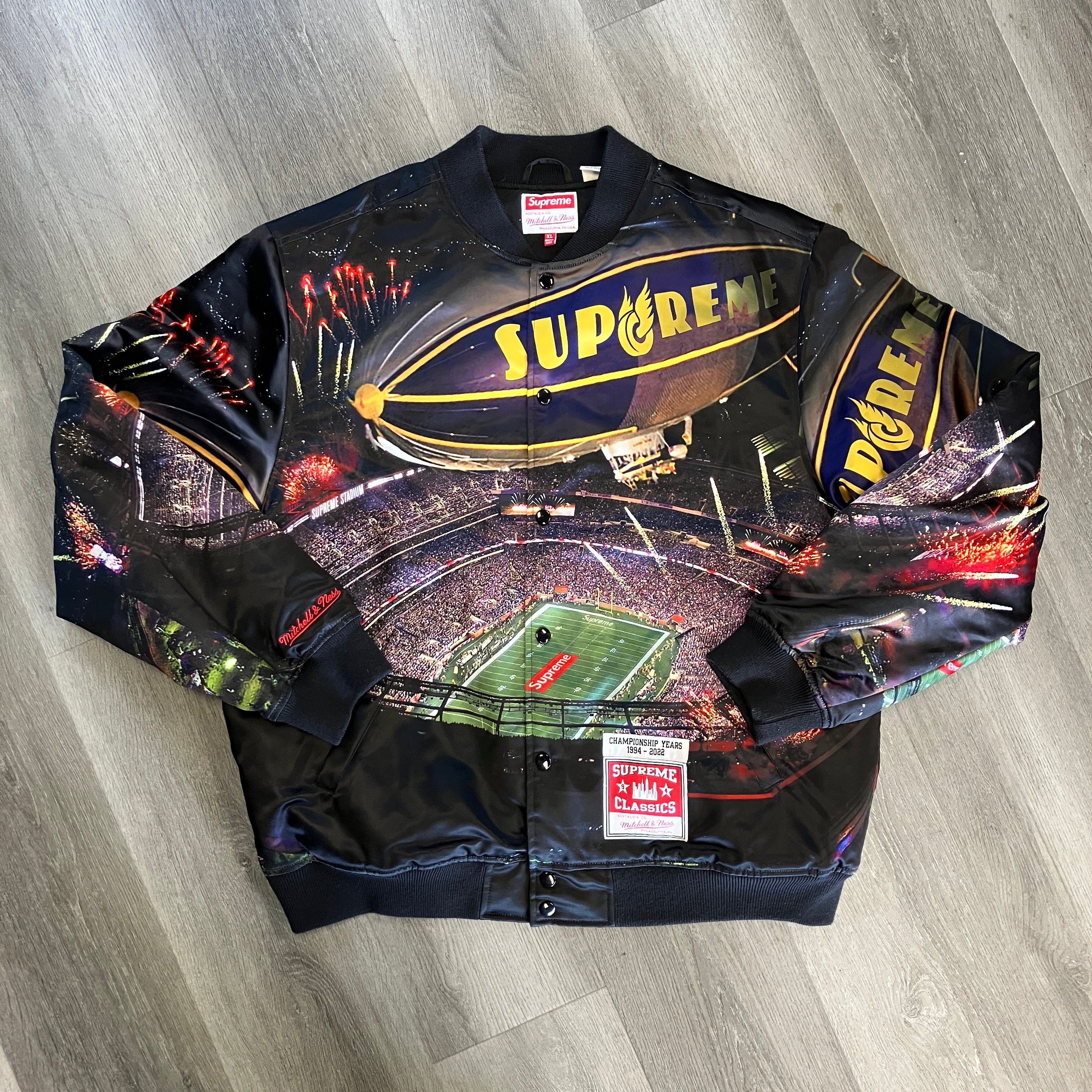 Supreme Mitchell & Ness Stadium Satin Varsity Jacket Black