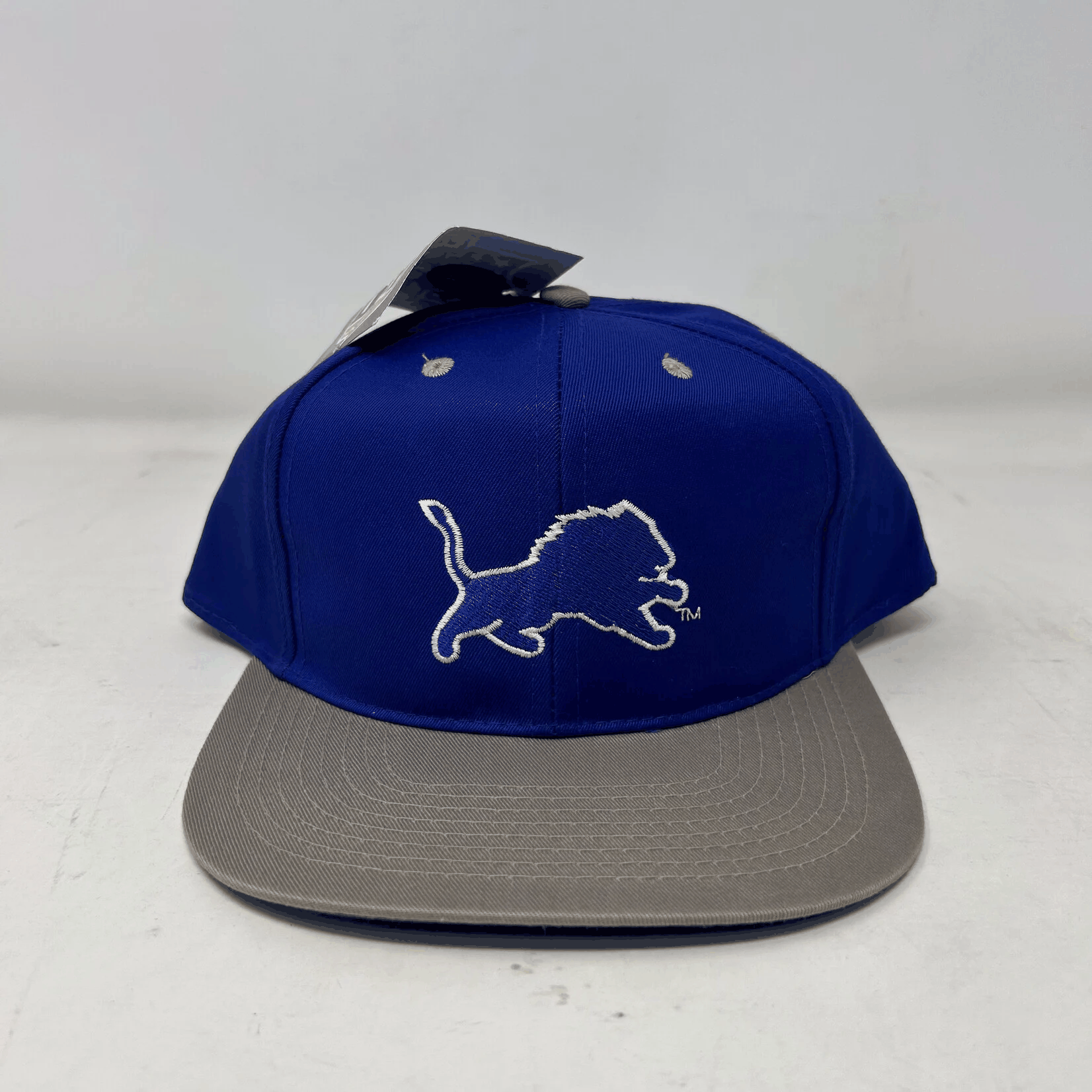 Vintage Detroit Lions snapback hat with blue crown and gray brim, brand new condition
