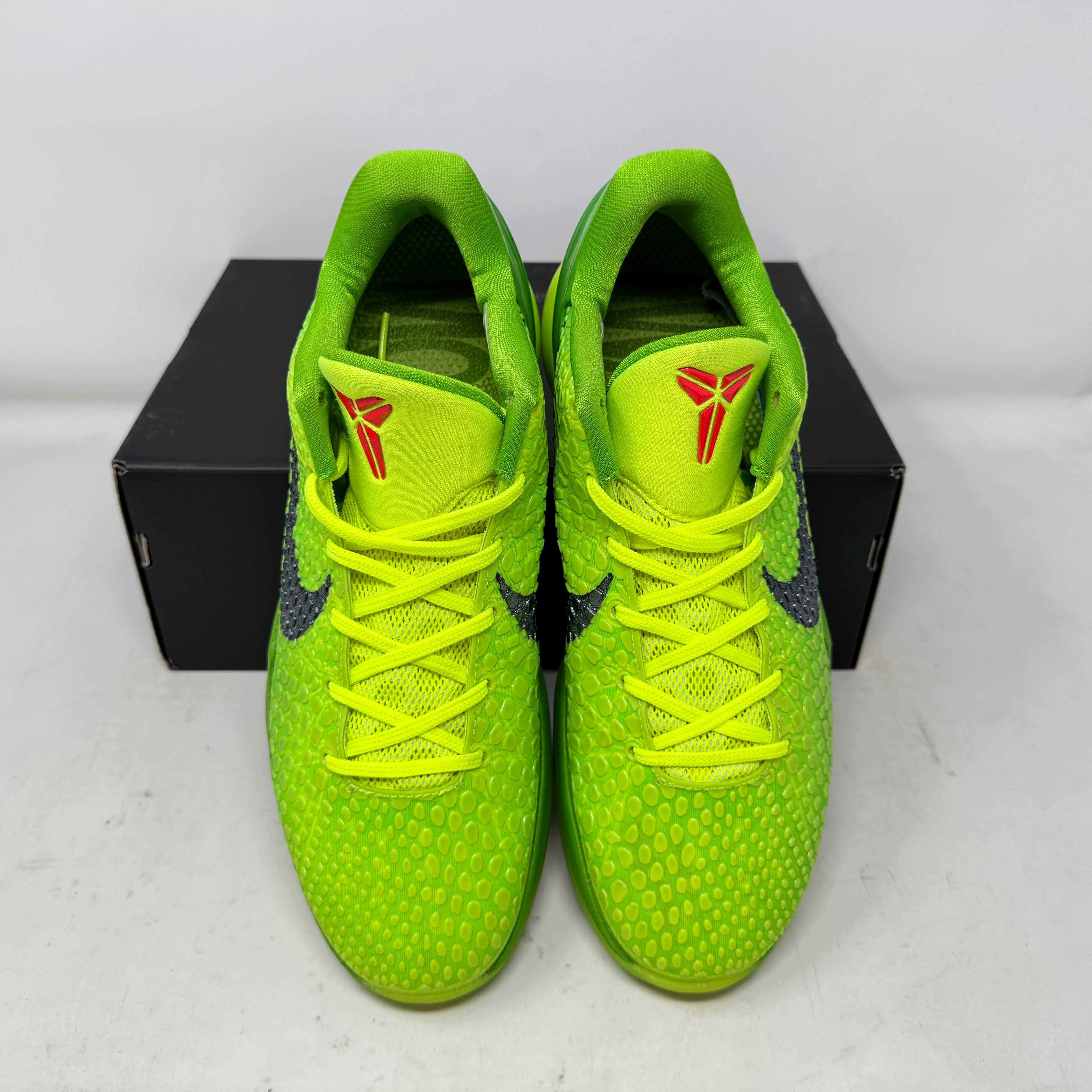 Nike Kobe 6 Protro Grinch 2020 sneakers, lime green color, pre-owned with replacement box.