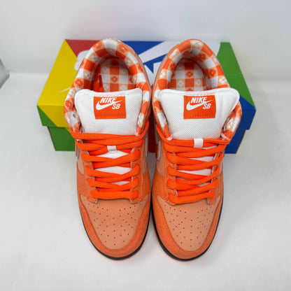Nike SB Dunk Low Concepts Orange Lobster sneakers, pre-owned, missing rubber bands, with accessories.