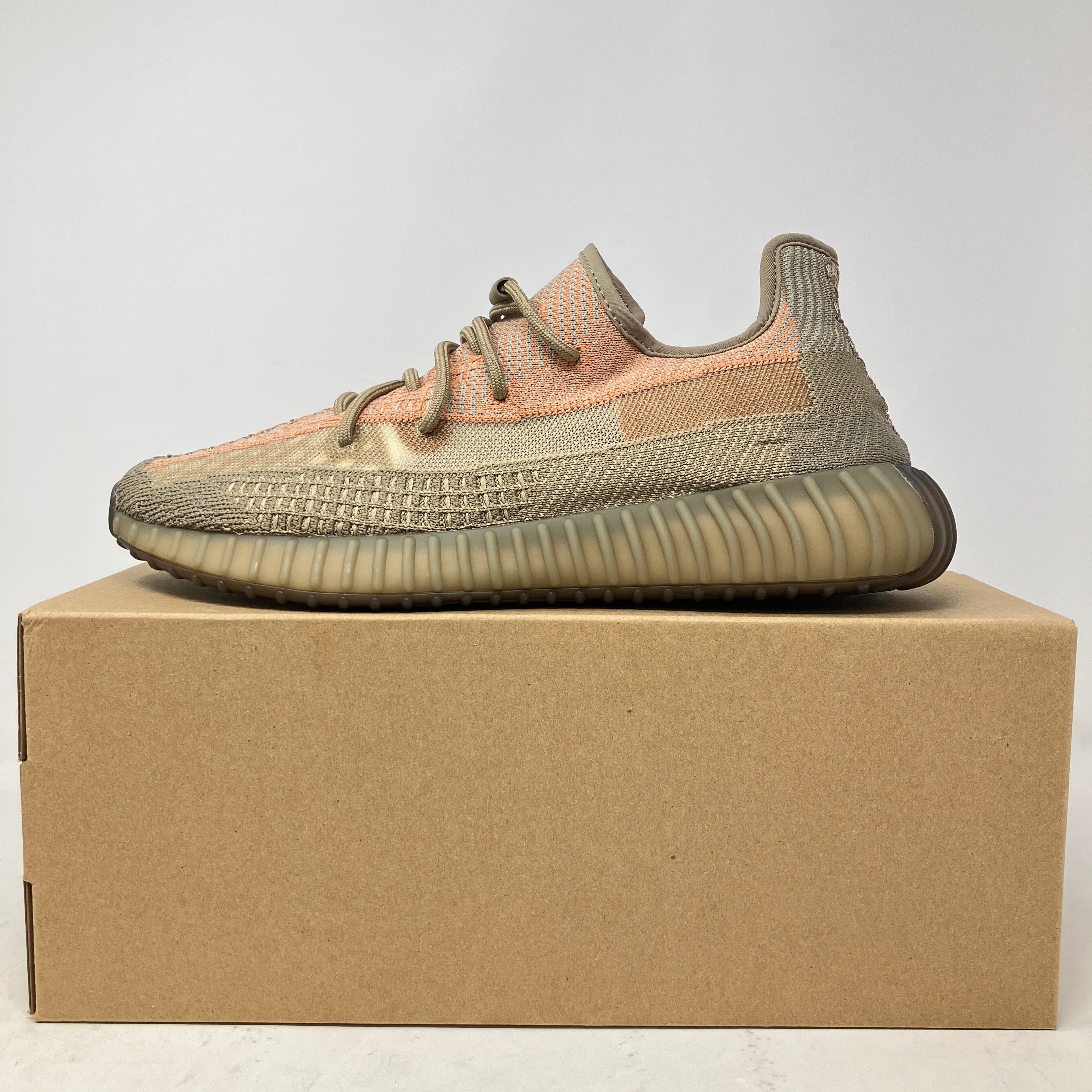 adidas Yeezy Boost 350 V2 Sand Taupe sneakers on box, brand new condition.