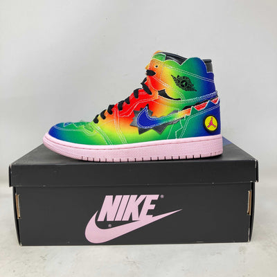Jordan 1 Retro High sneaker with a vivid multicolour gradient leather upper, blue swoosh, black laces and pink sole.
