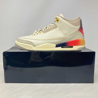 Jordan 3 Retro SP J Balvin Medellín Sunset sneaker side view on box with sunset gradient detail