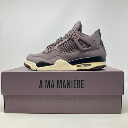 Jordan 4 Retro SP A Ma Maniére Violet Ore sneaker on matching box, pre-owned with accessories included