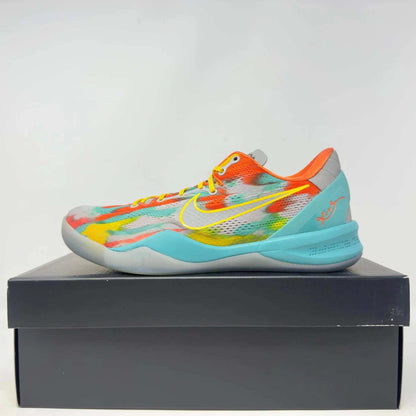 Nike Kobe 8 Protro Venice Beach basketball shoe with colorful abstract design on black box, pre-owned condition with all accessories