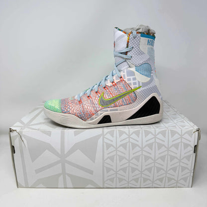 Nike Kobe 9 Elite What the Kobe high-top basketball shoe in multicolor on box, pre-owned with accessories included.