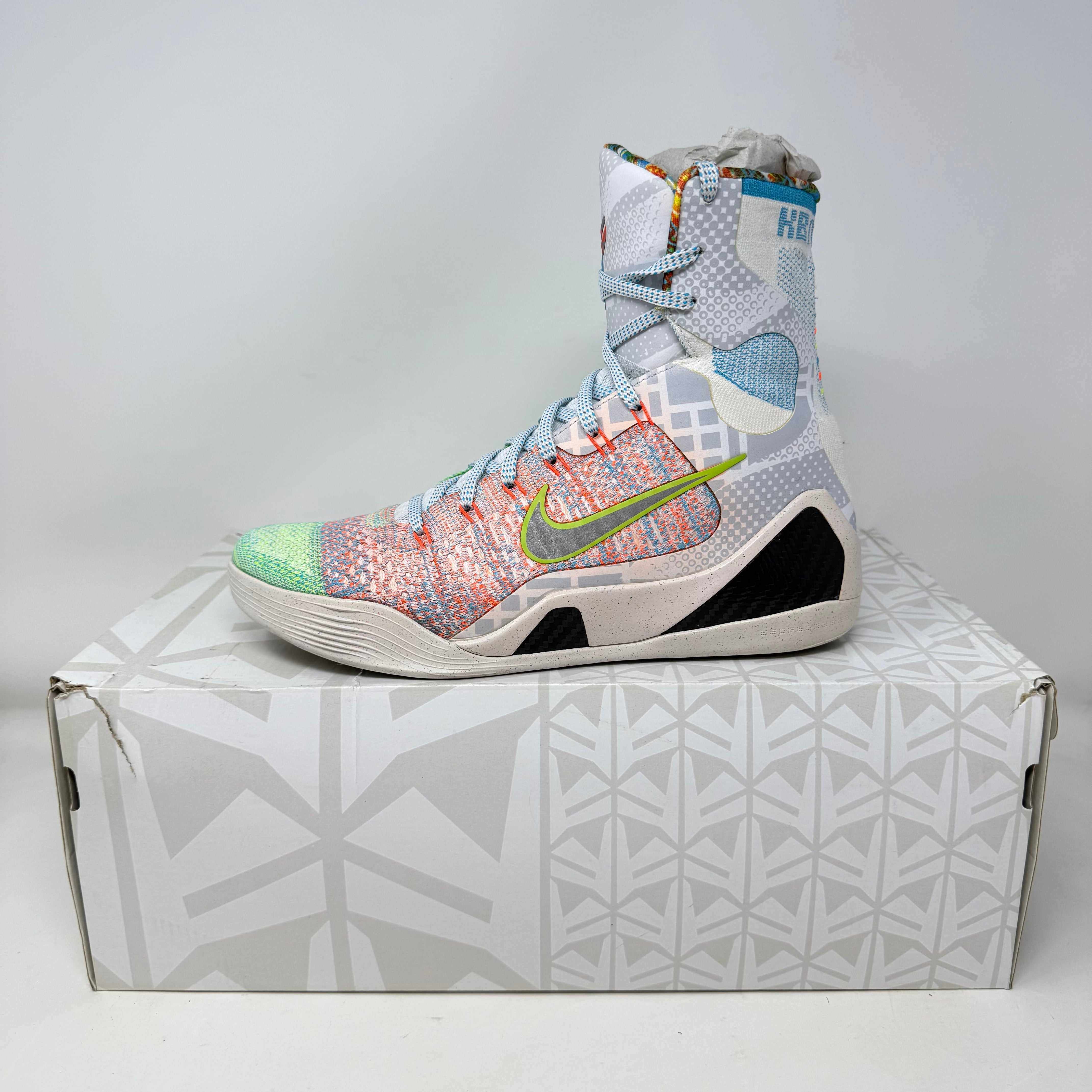 Nike Kobe 9 Elite What the Kobe high-top basketball shoe in multicolor on box, pre-owned with accessories included.