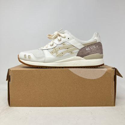 Side view of pre-owned ASICS Gel-Lyte III Earth Day Pack sneaker on brown box