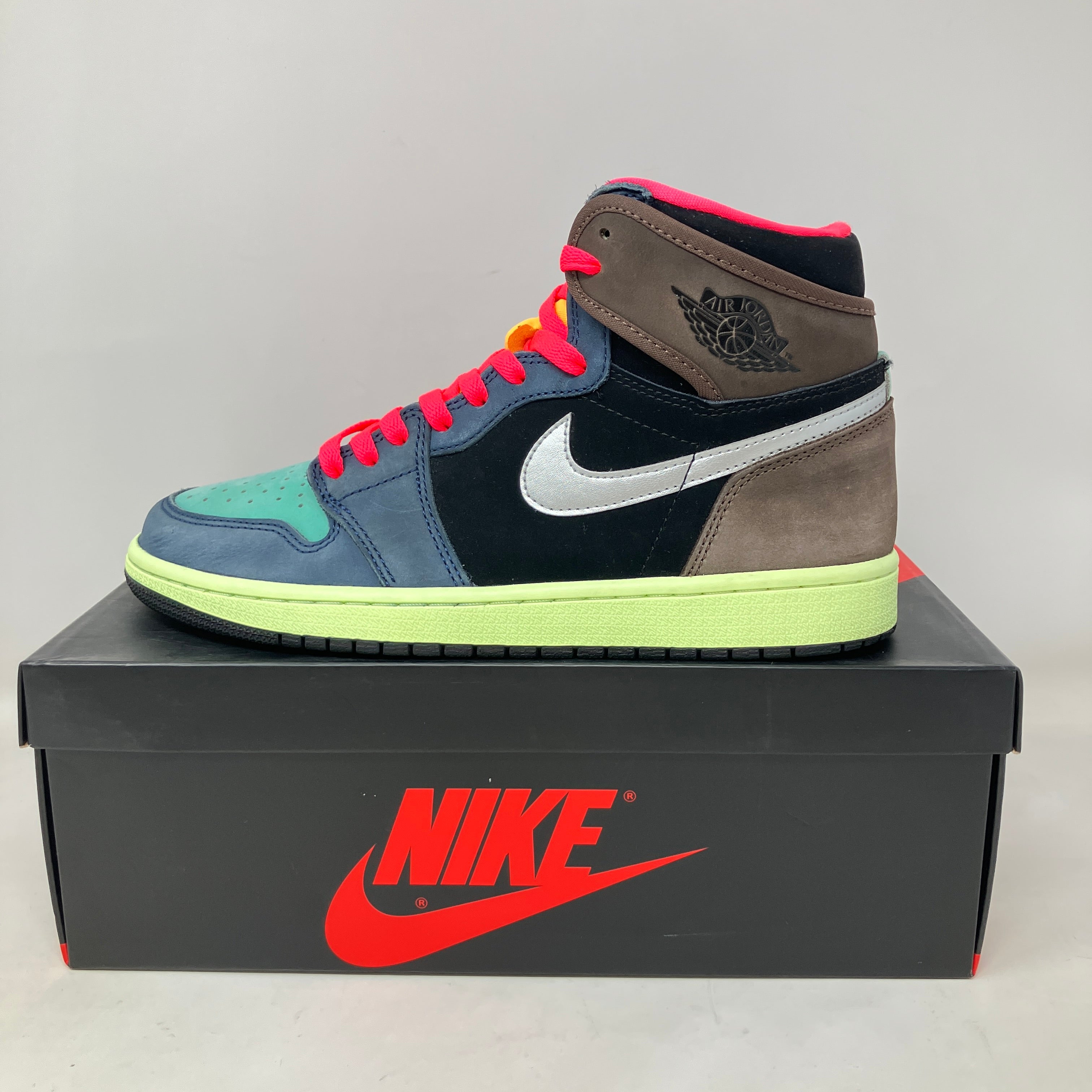 Jordan 1 Retro High Tokyo Bio Hack sneaker in multi-color on black Nike box, pre-owned condition with all accessories except extra laces