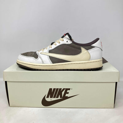 Jordan 1 Retro Low OG Travis Scott Reverse Mocha sneaker on Nike box pre-owned with accessories
