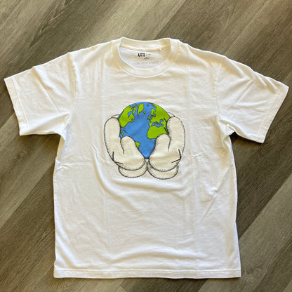 KAWS x Uniqlo white graphic t-shirt with Peace For All design holding globe, pre-owned