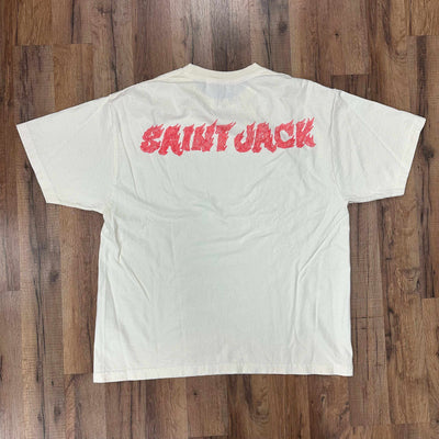 White Travis Scott Utopia x St Michael tee, brand new with accessories included, featuring "SAINT JACK" graphic on back.