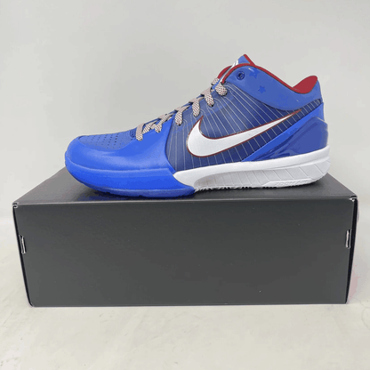 Nike Kobe 4 Protro Philly 2024 sneakers in blue and red on box, brand new with all accessories included.