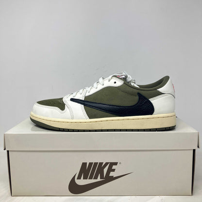 Jordan 1 Retro Low OG Travis Scott sneaker in medium olive on Nike box, pre-owned with accessories
