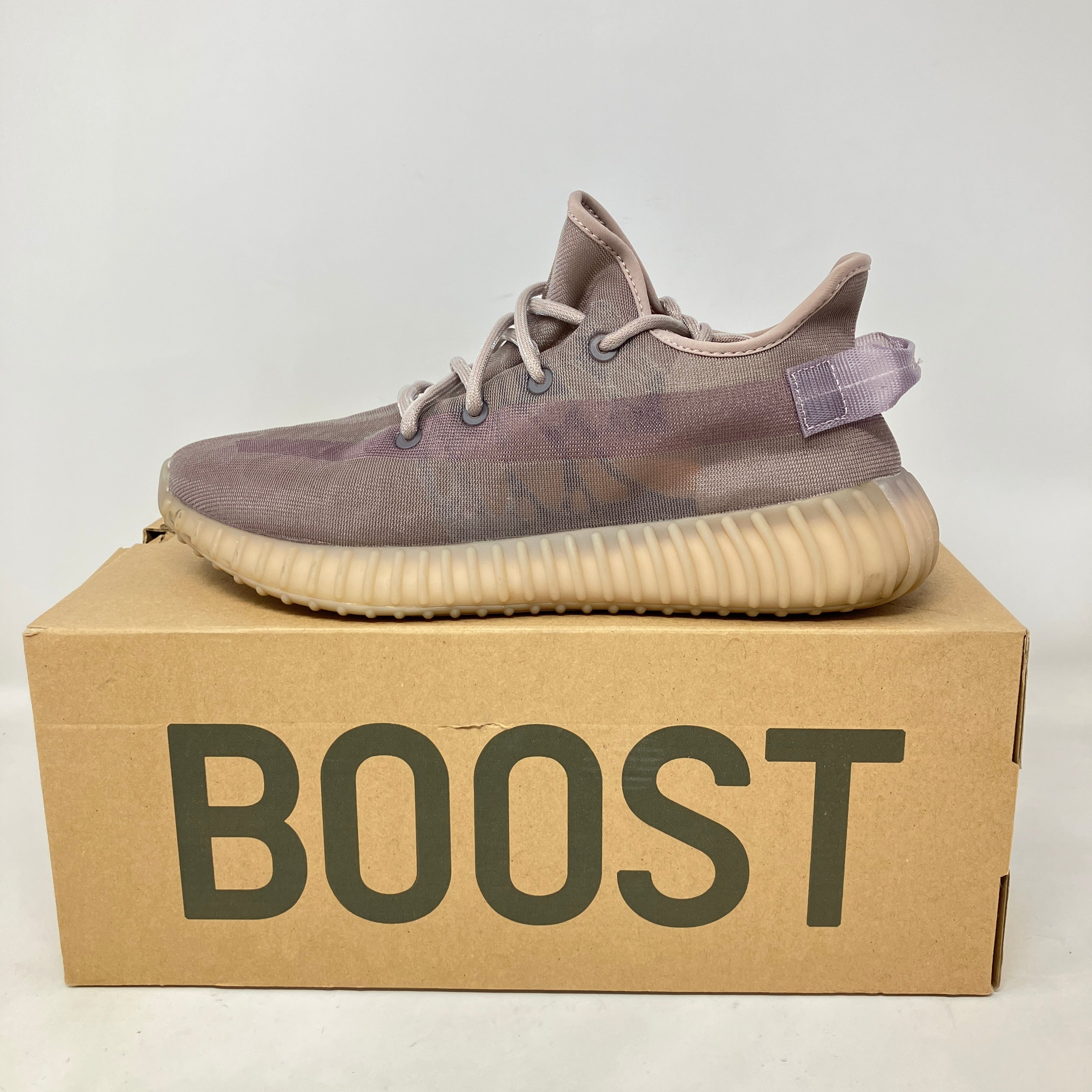 Pre-owned adidas Yeezy Boost 350 V2 Mono Mist sneaker with all accessories on BOOST box