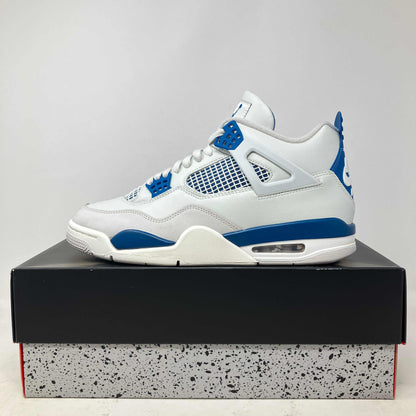 Jordan 4 Retro Military Blue sneaker in white and blue on box, pre owned with all accessories included