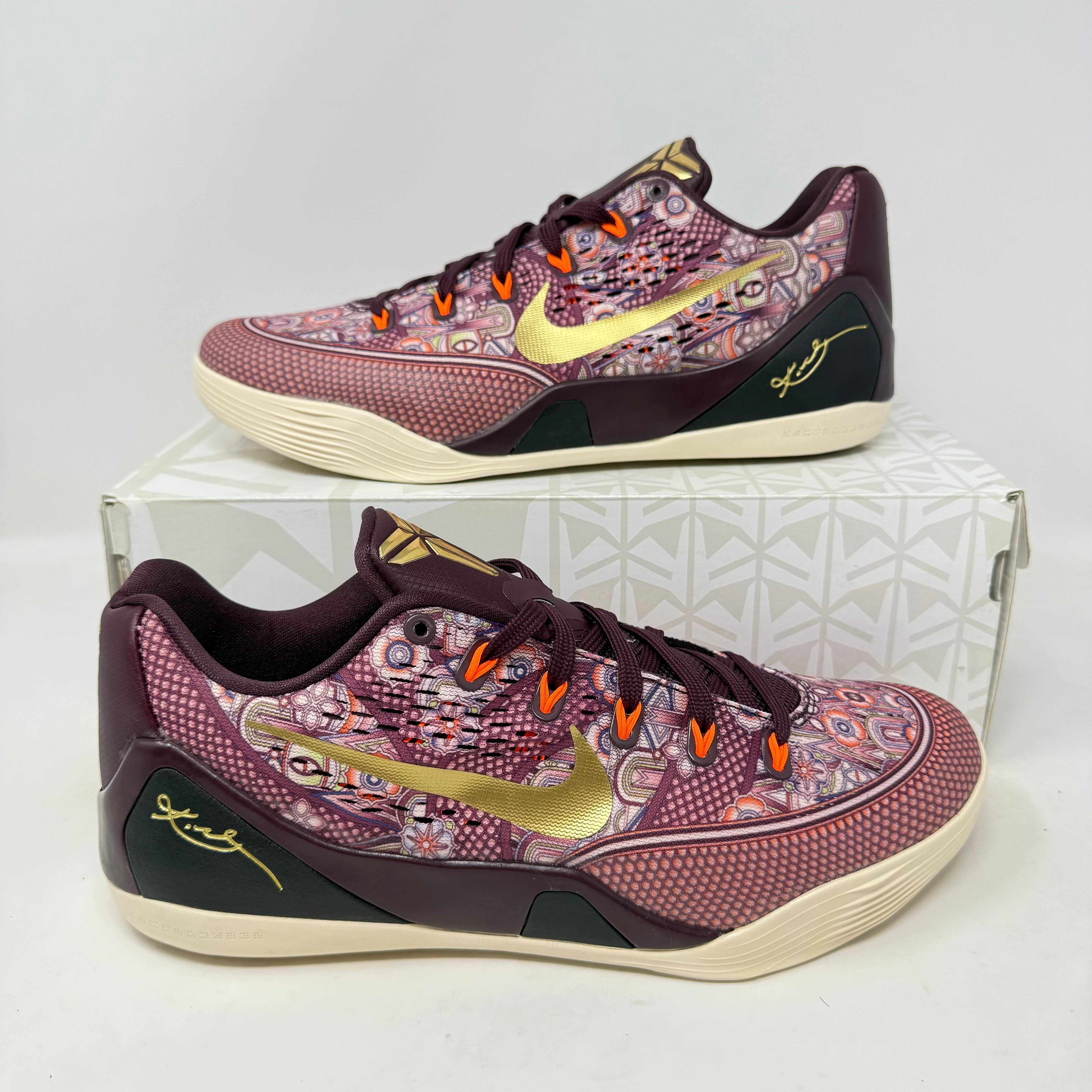 Nike Kobe 9 EM Low Silk pre-owned sneakers with gold swoosh and purple patterned design.