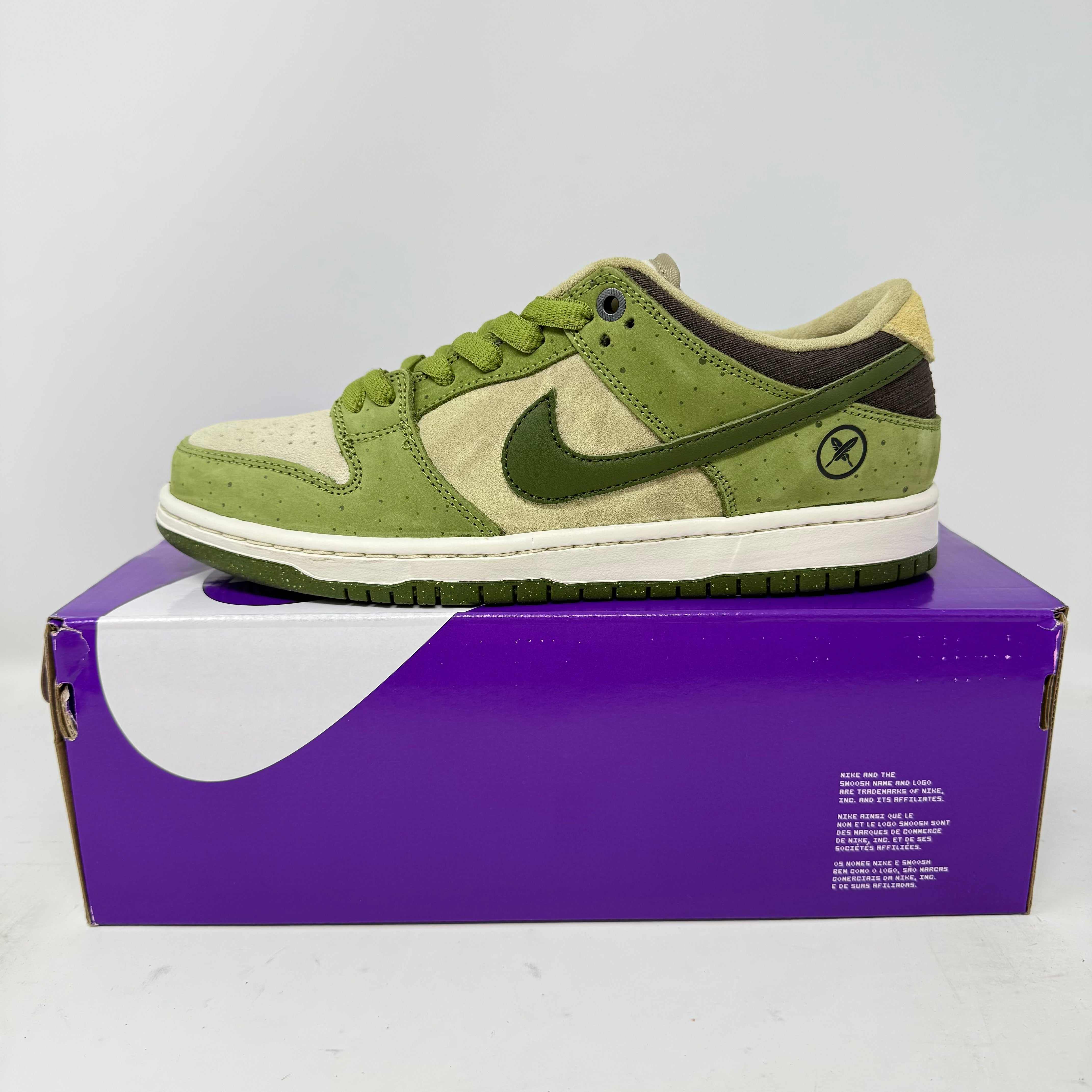 Nike SB Dunk Low Yuto Horigome Matcha sneaker in green tones on purple Nike box brand new