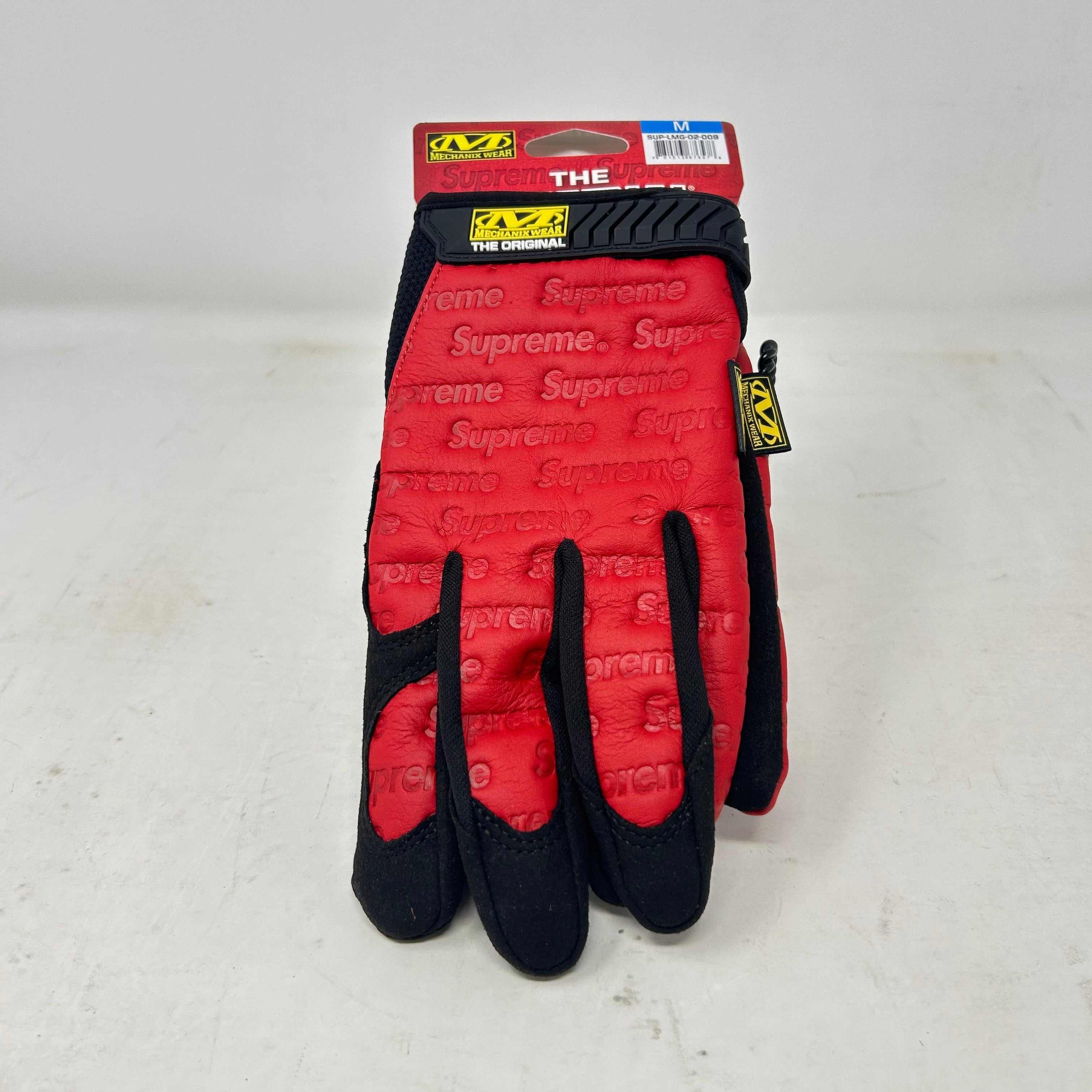 Supreme Mechanix red leather work gloves with black accents, brand new with all accessories included