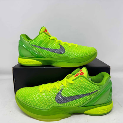 Nike Kobe 6 Protro Grinch 2020 sneakers in green with black swoosh on a rep box.